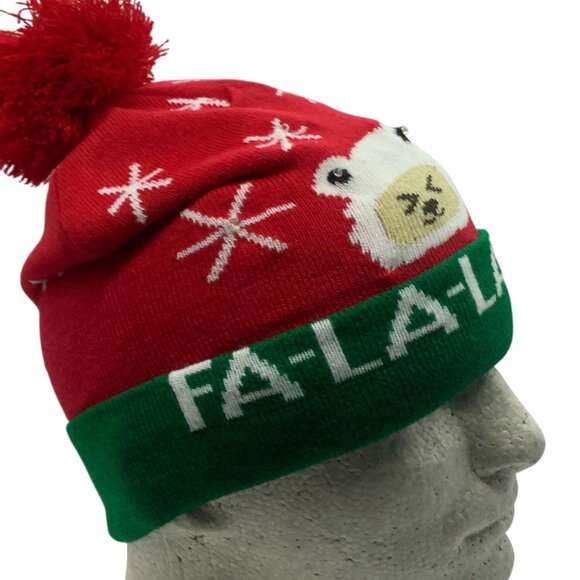 Christmas Pom Pom Beanie Hat LED Light Up Bear Fa-La-La Red Green Knit Adult OS - Picture 4 of 6